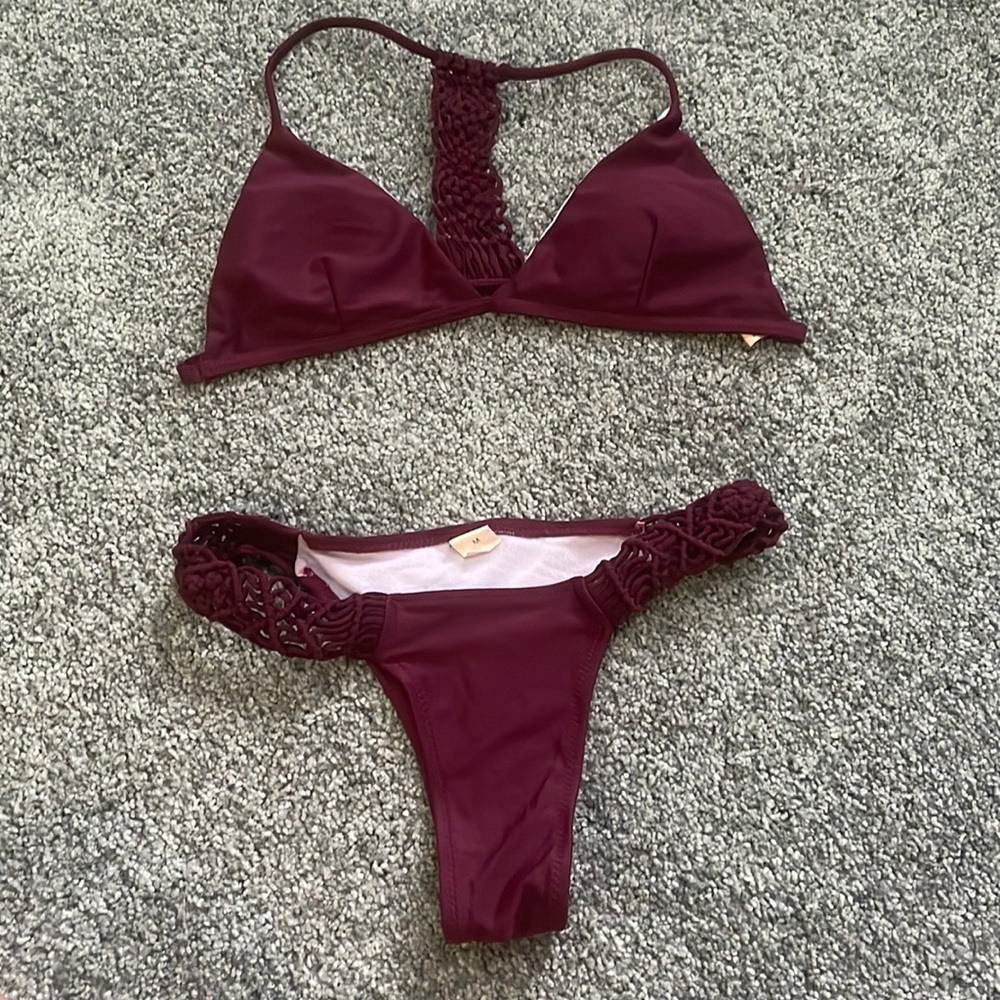 Mini micro bikini braided halter top 2 piece set bathing suit knit rope swim
